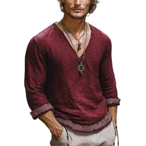 Men's Bohemian Print V Neck Long Sleeve Loose Fit Shirt 09299571Z
