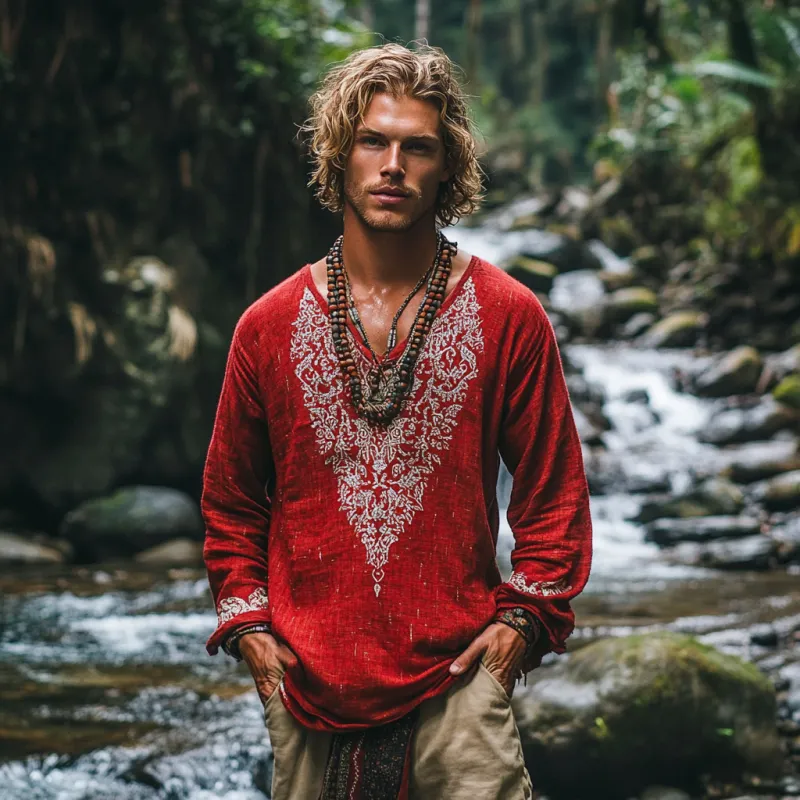 Men's Bohemian Print V Neck Long Sleeve Loose Fit Shirt 67919703Z