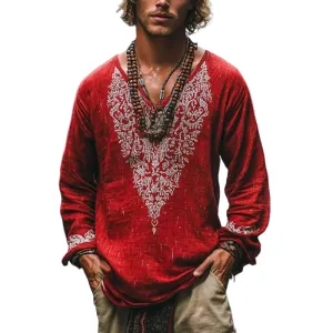 Men's Bohemian Print V Neck Long Sleeve Loose Fit Shirt 67919703Z