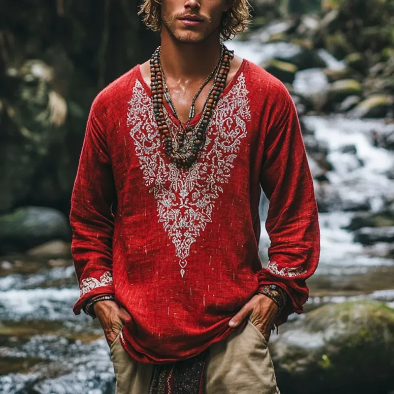 Men's Bohemian Print V Neck Long Sleeve Loose Fit Shirt 67919703Z
