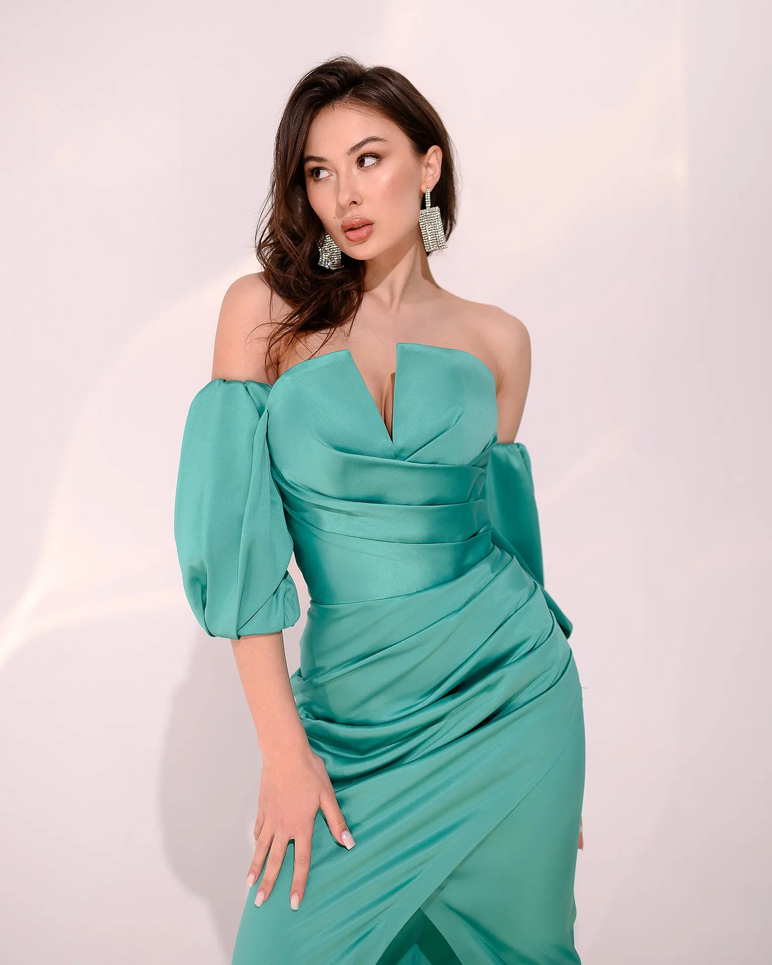 Mint Satin Puff-Sleeve Midi Dress