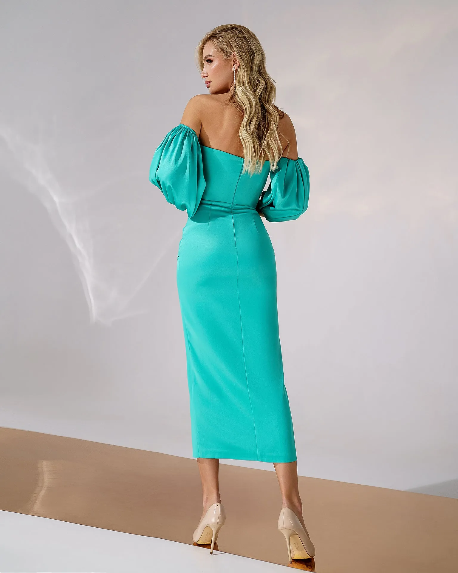 Mint Satin Puff-Sleeve Midi Dress