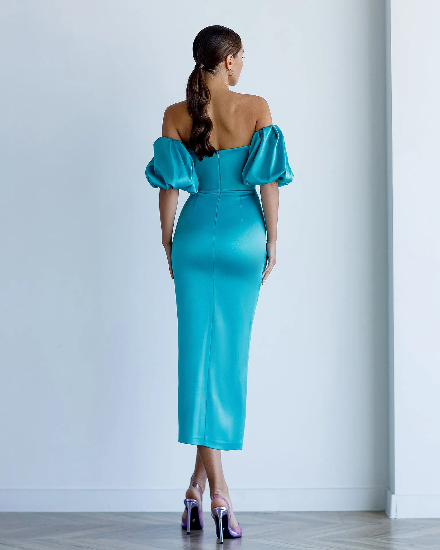 Mint Satin Puff-Sleeve Midi Dress