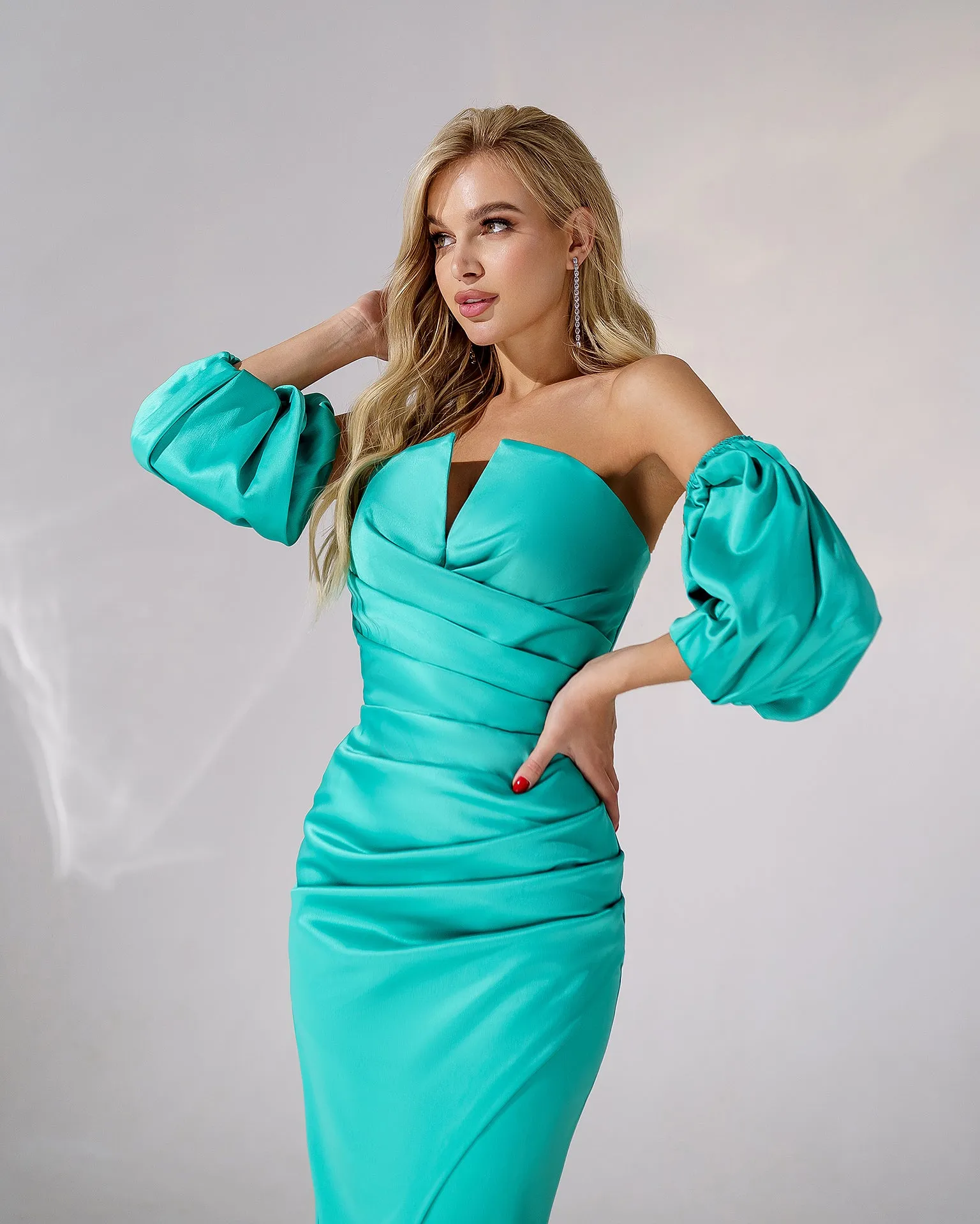 Mint Satin Puff-Sleeve Midi Dress