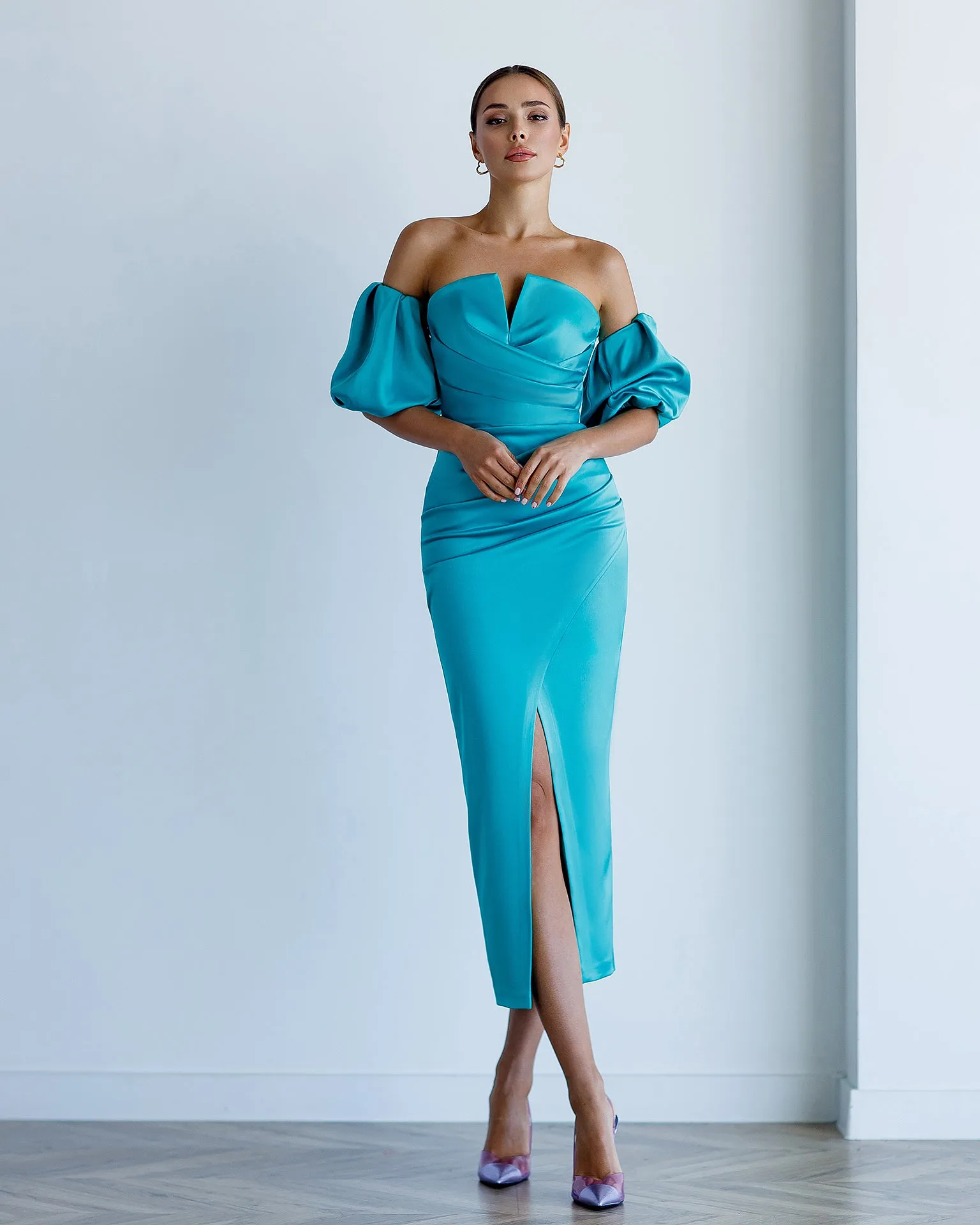 Mint Satin Puff-Sleeve Midi Dress