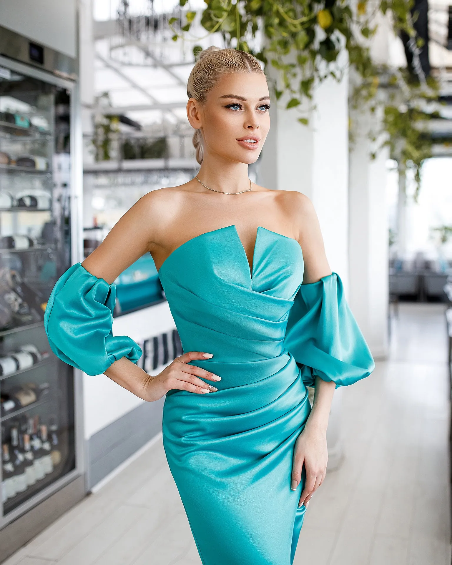 Mint Satin Puff-Sleeve Midi Dress