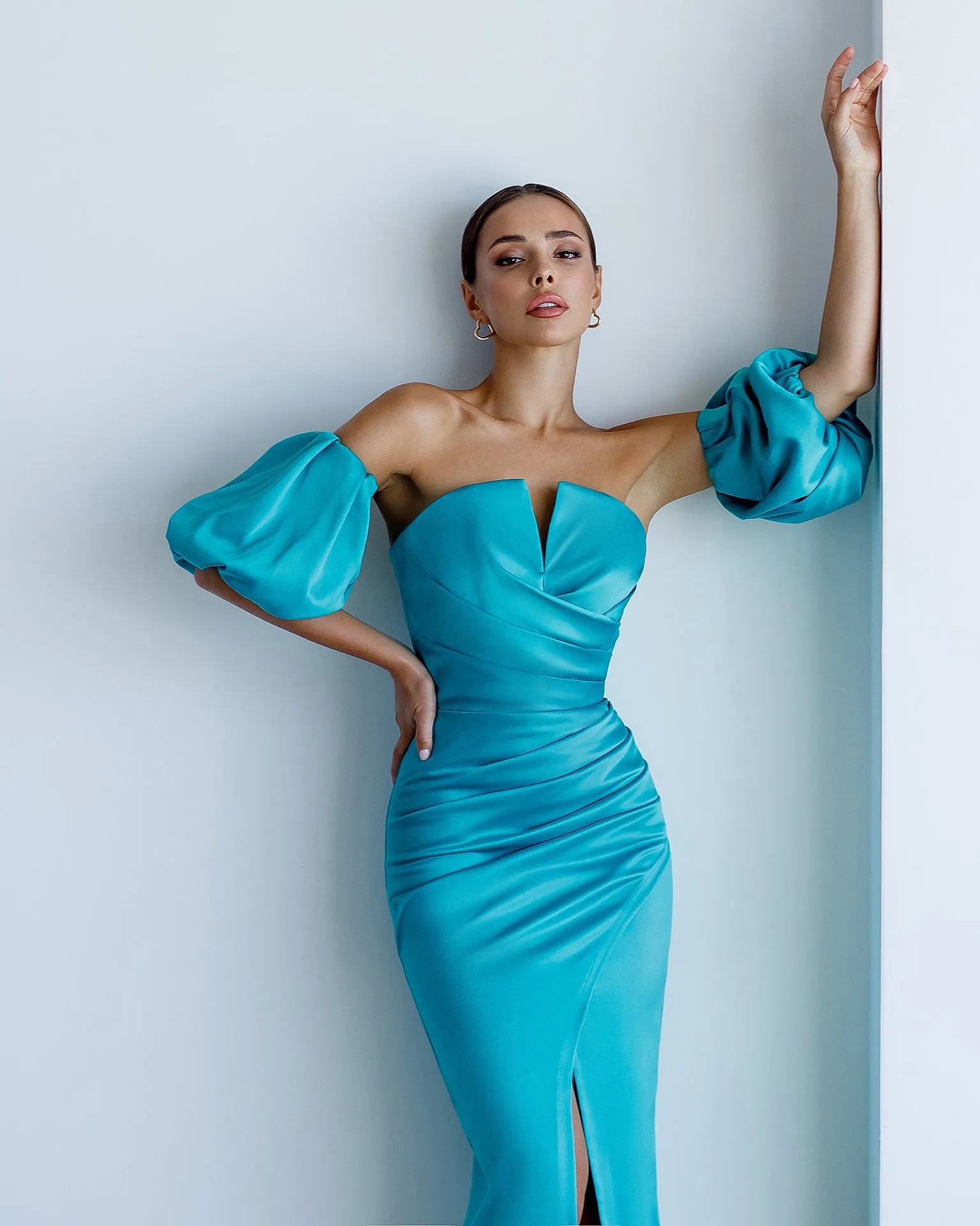 Mint Satin Puff-Sleeve Midi Dress