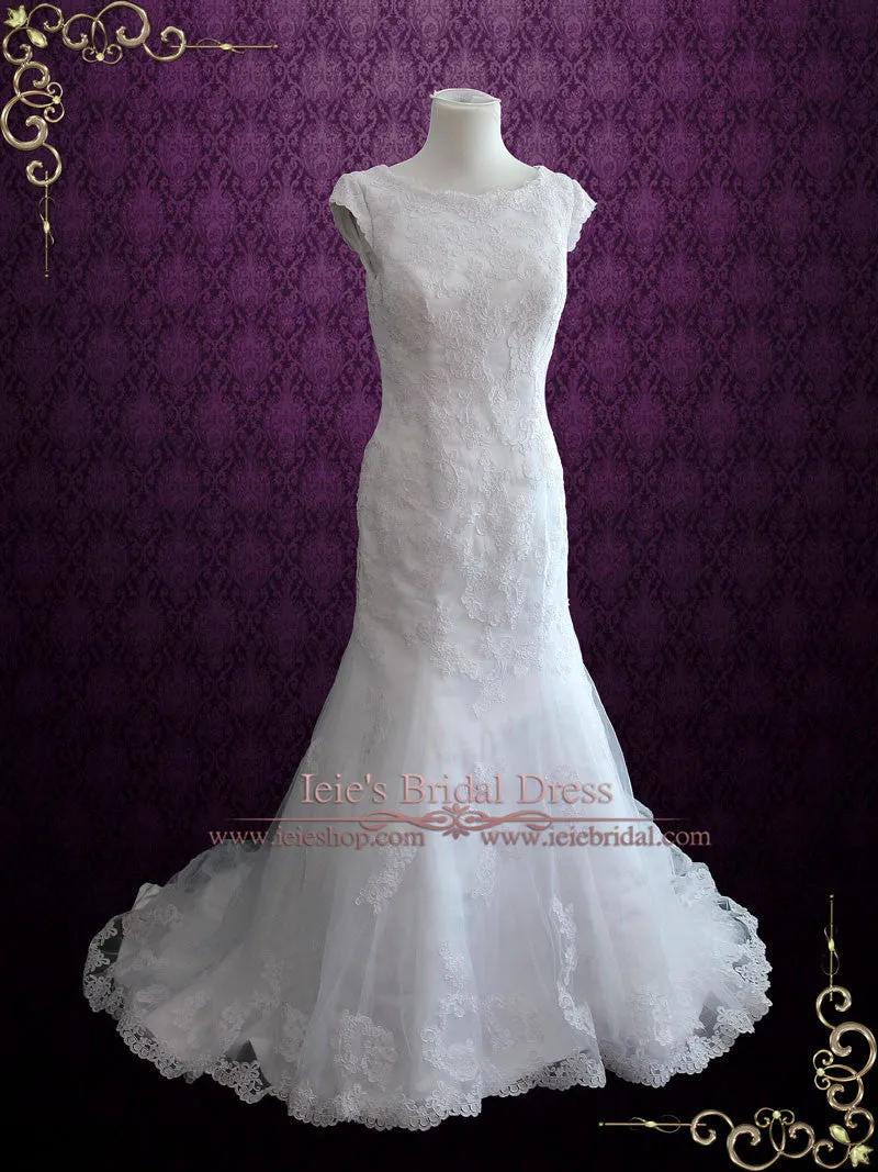 Modest Lace Fit and Flare Wedding Dress with Cap Sleeves | Josephine