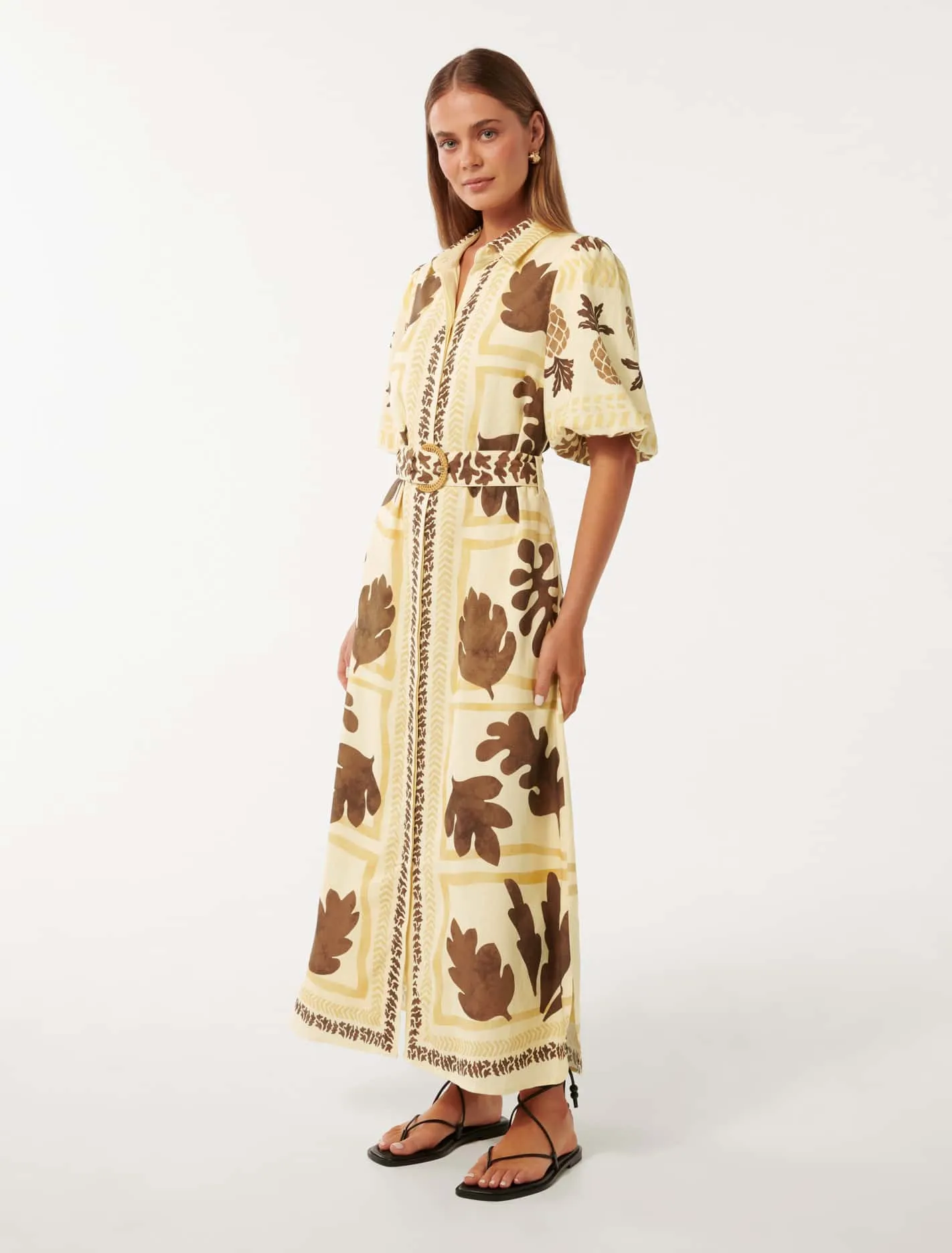 Nora Printed Linen Shirt Midi Dress