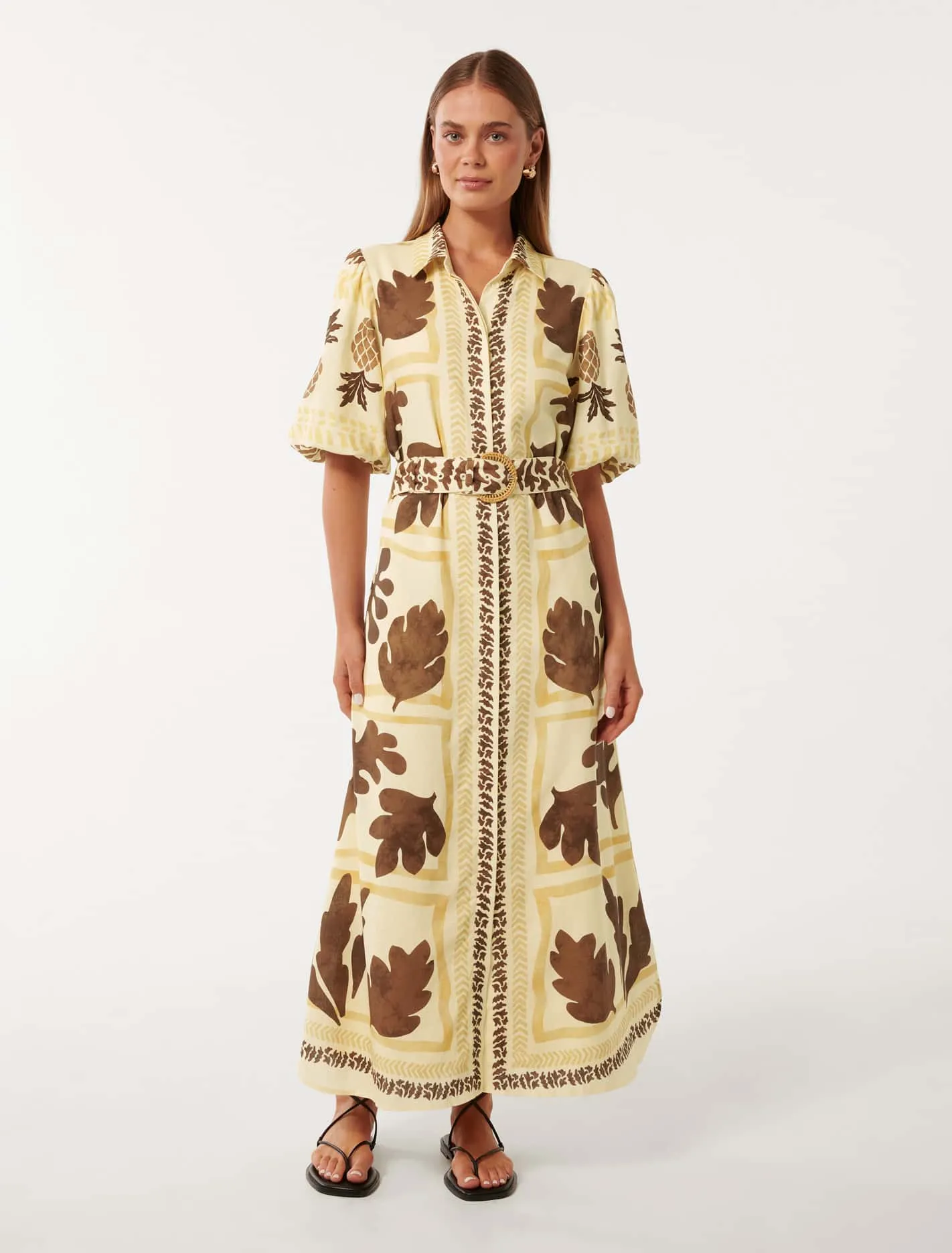 Nora Printed Linen Shirt Midi Dress