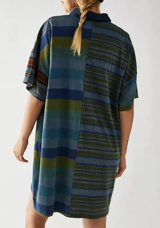 NUFIWI Y2K Striped Shirt Mini Dress for Women Oversized Stripe Tunic Tshirt Dresses Short Sleeve Buttons Loose Fit Tee Dress