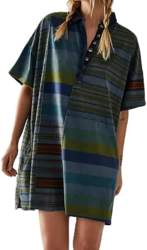 NUFIWI Y2K Striped Shirt Mini Dress for Women Oversized Stripe Tunic Tshirt Dresses Short Sleeve Buttons Loose Fit Tee Dress
