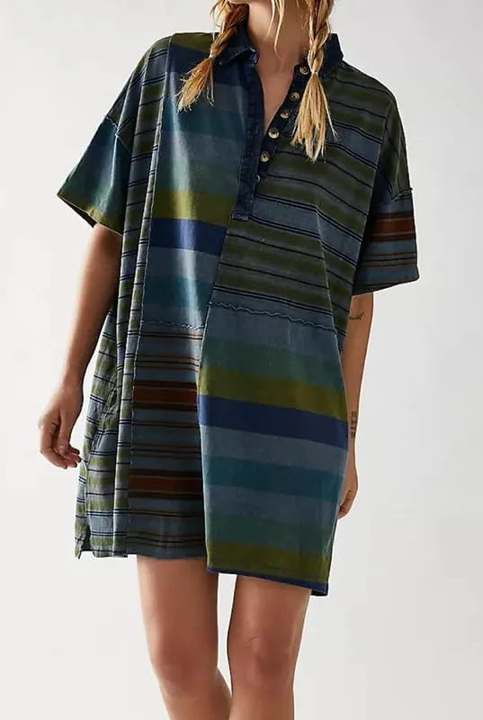 NUFIWI Y2K Striped Shirt Mini Dress for Women Oversized Stripe Tunic Tshirt Dresses Short Sleeve Buttons Loose Fit Tee Dress