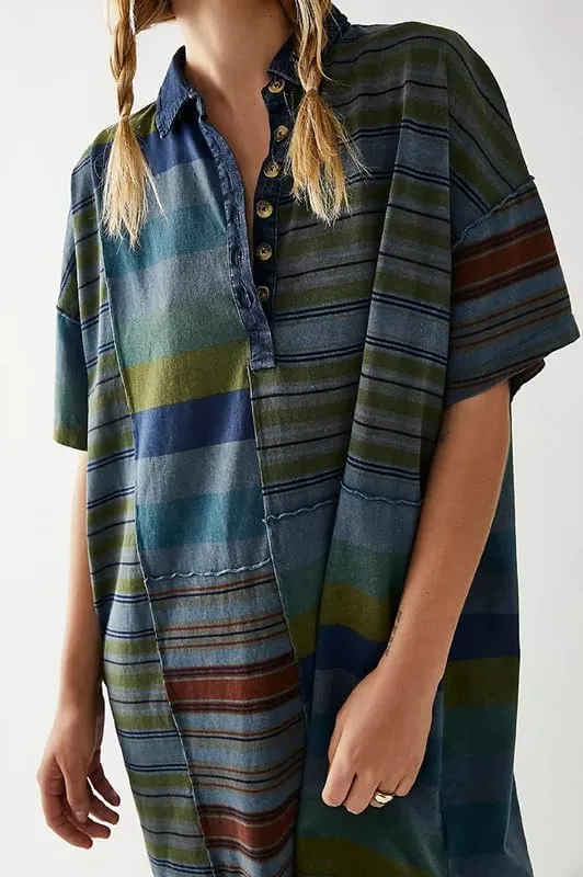NUFIWI Y2K Striped Shirt Mini Dress for Women Oversized Stripe Tunic Tshirt Dresses Short Sleeve Buttons Loose Fit Tee Dress