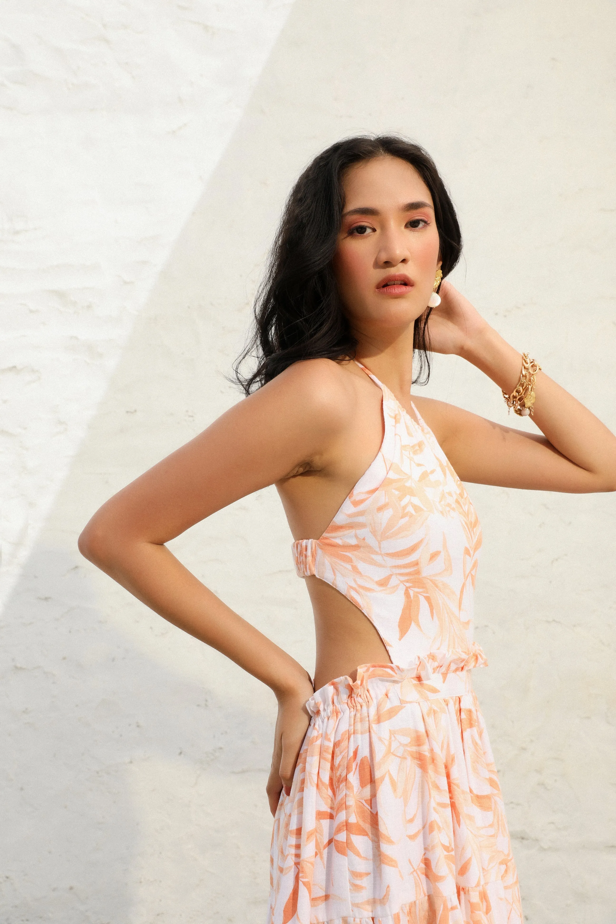 Orange & White Linen Halterneck Dress