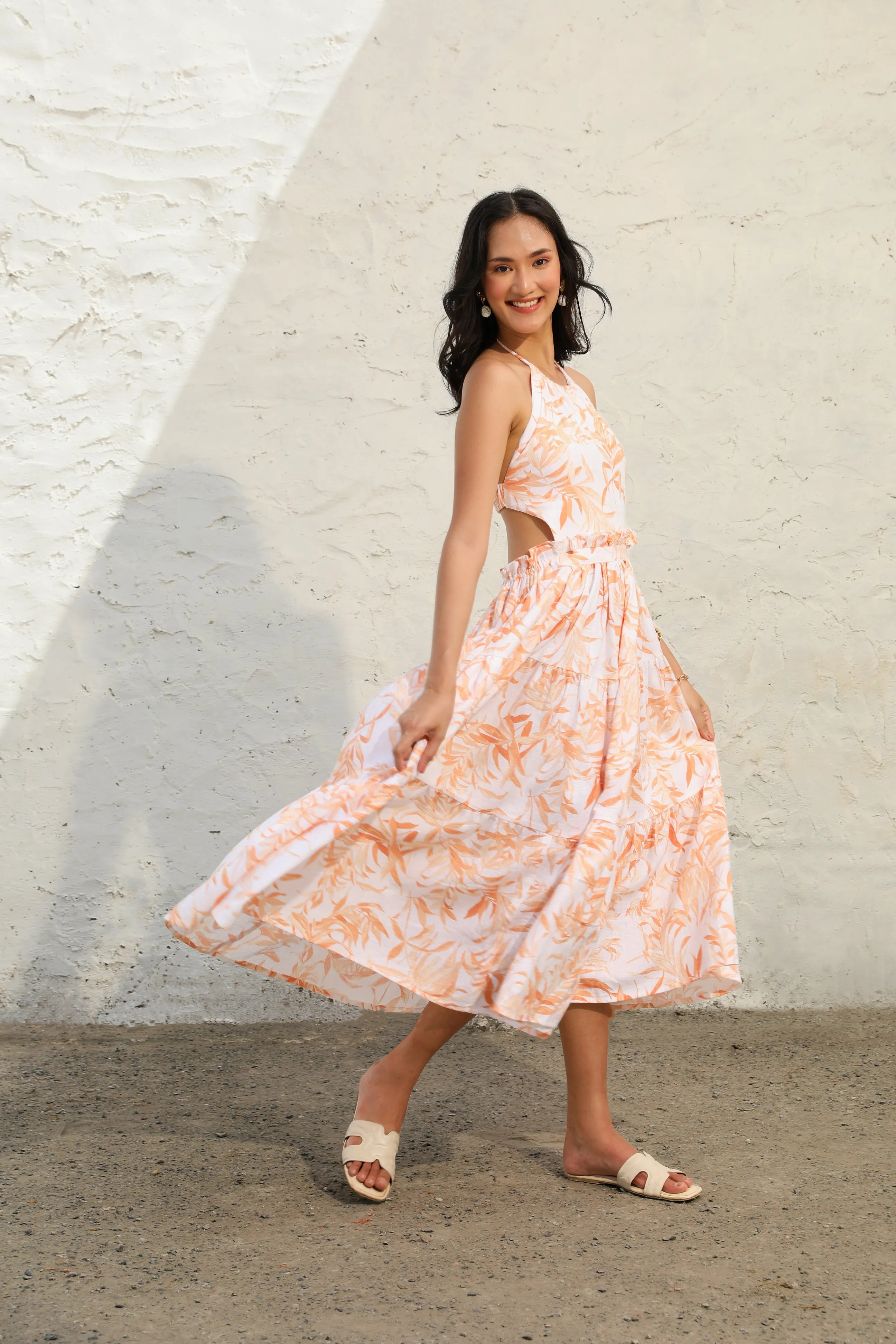 Orange & White Linen Halterneck Dress