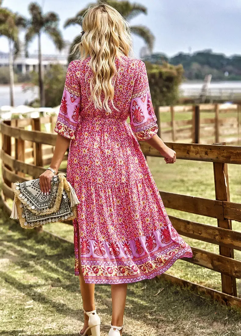 Pink floral midi dress with sleeves
