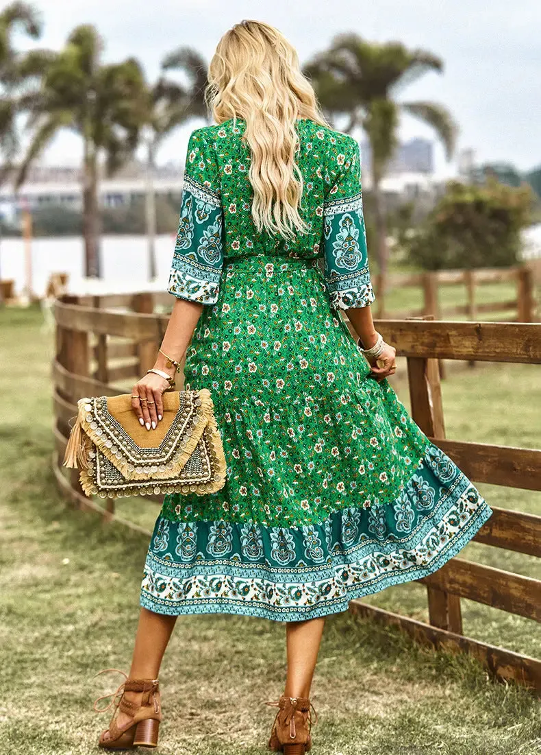Pink floral midi dress with sleeves