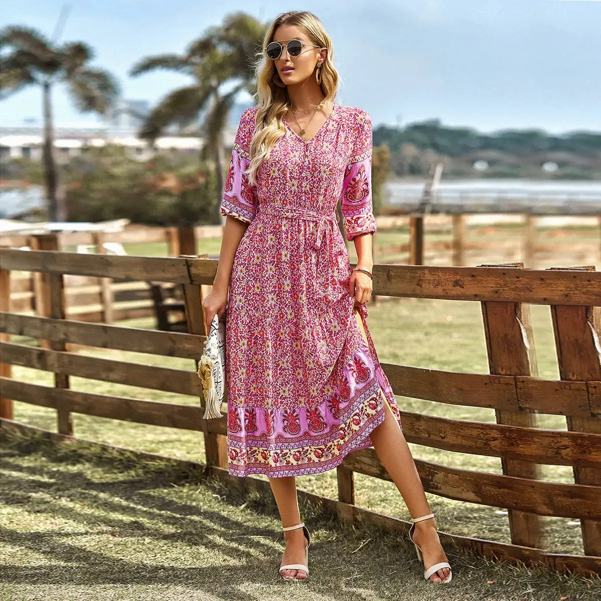 Pink floral midi dress with sleeves