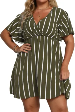 Plus Size Dresses for Curvy Women Short Sleeve V Neck Tunic Mini Dress Summer Casual Striped The Waist Sundress 2025
