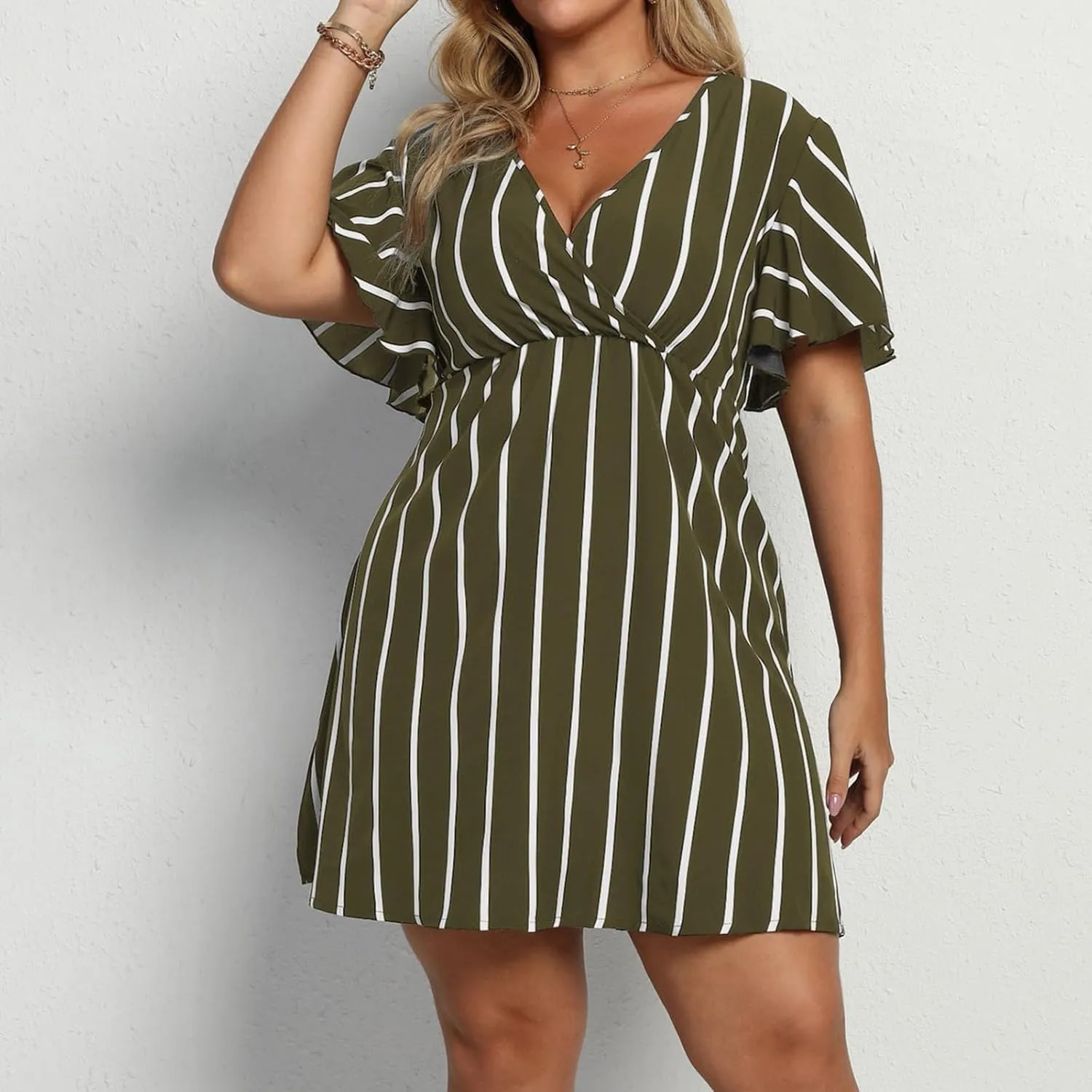 Plus Size Dresses for Curvy Women Short Sleeve V Neck Tunic Mini Dress Summer Casual Striped The Waist Sundress 2025