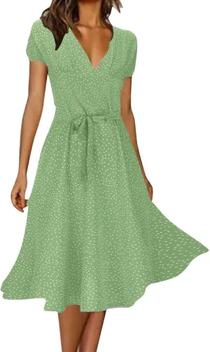 Plus Size Dresses for Wedding Guest Women's Wrap V Neck Short Sleeve Tie Waist Midi Dress Casual Flowy Sundress