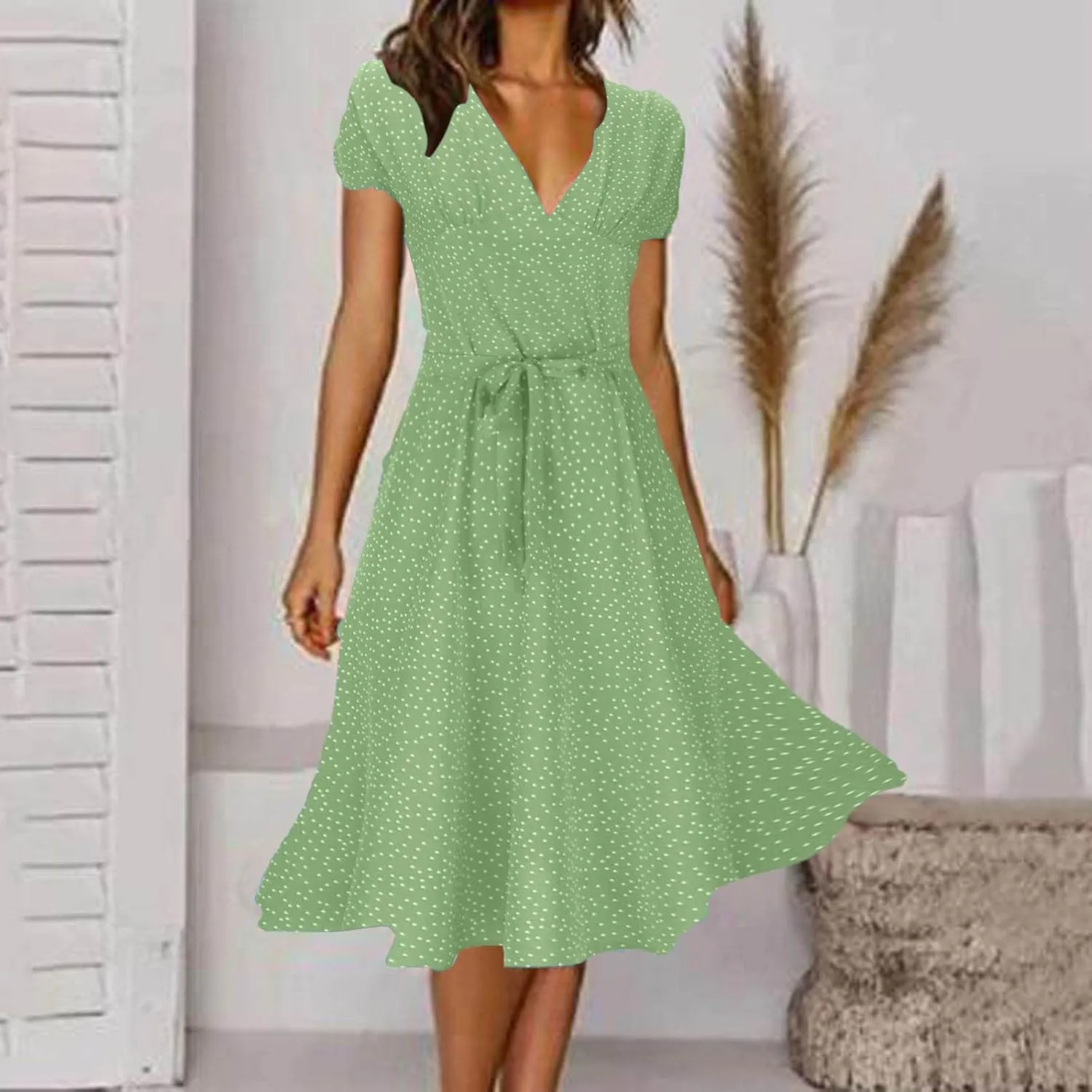 Plus Size Dresses for Wedding Guest Women's Wrap V Neck Short Sleeve Tie Waist Midi Dress Casual Flowy Sundress