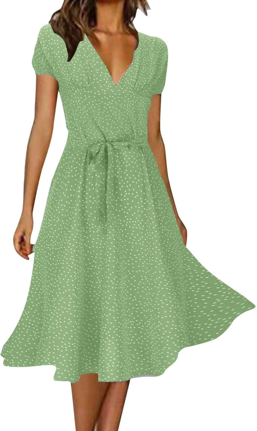 Plus Size Dresses for Wedding Guest Women's Wrap V Neck Short Sleeve Tie Waist Midi Dress Casual Flowy Sundress