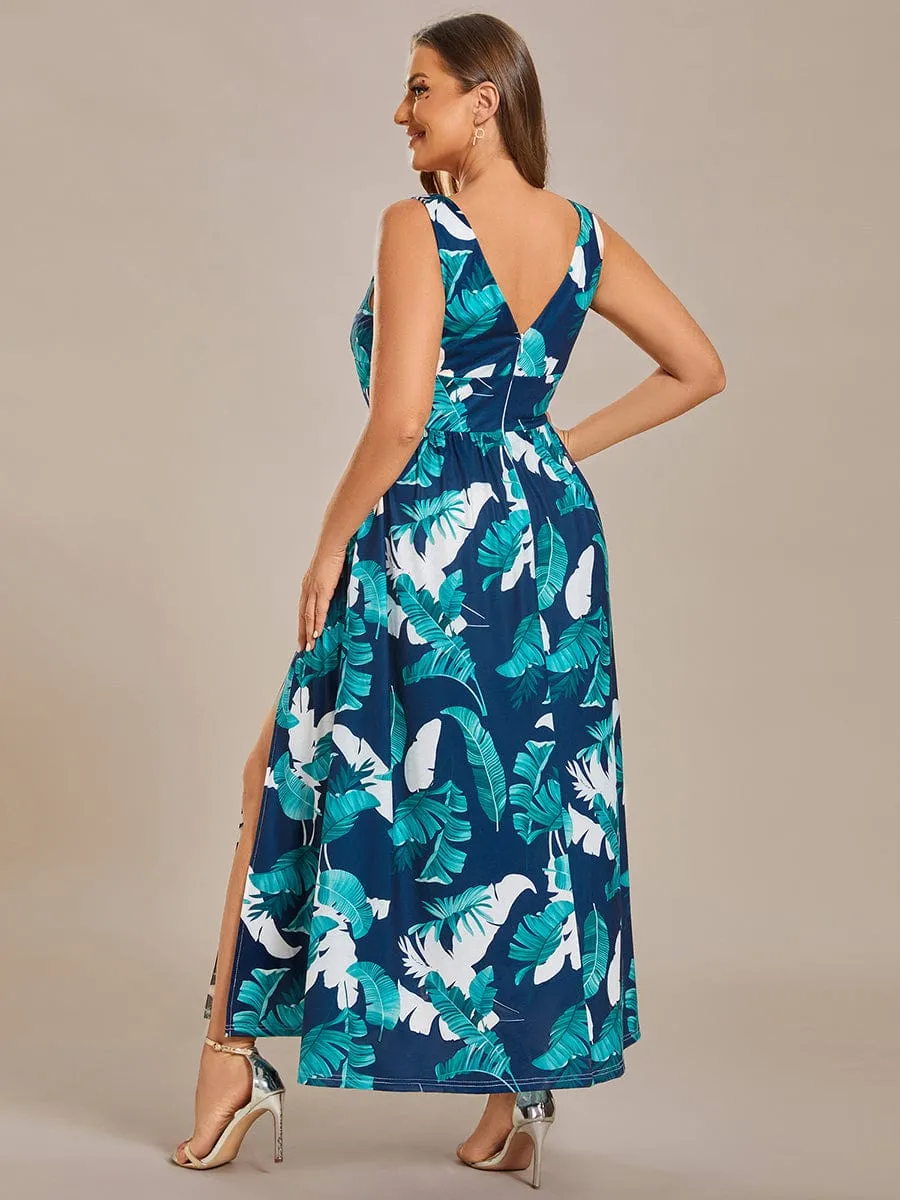 Plus Size Elegant V-Neck High Slit Printing Summer Evening Dress