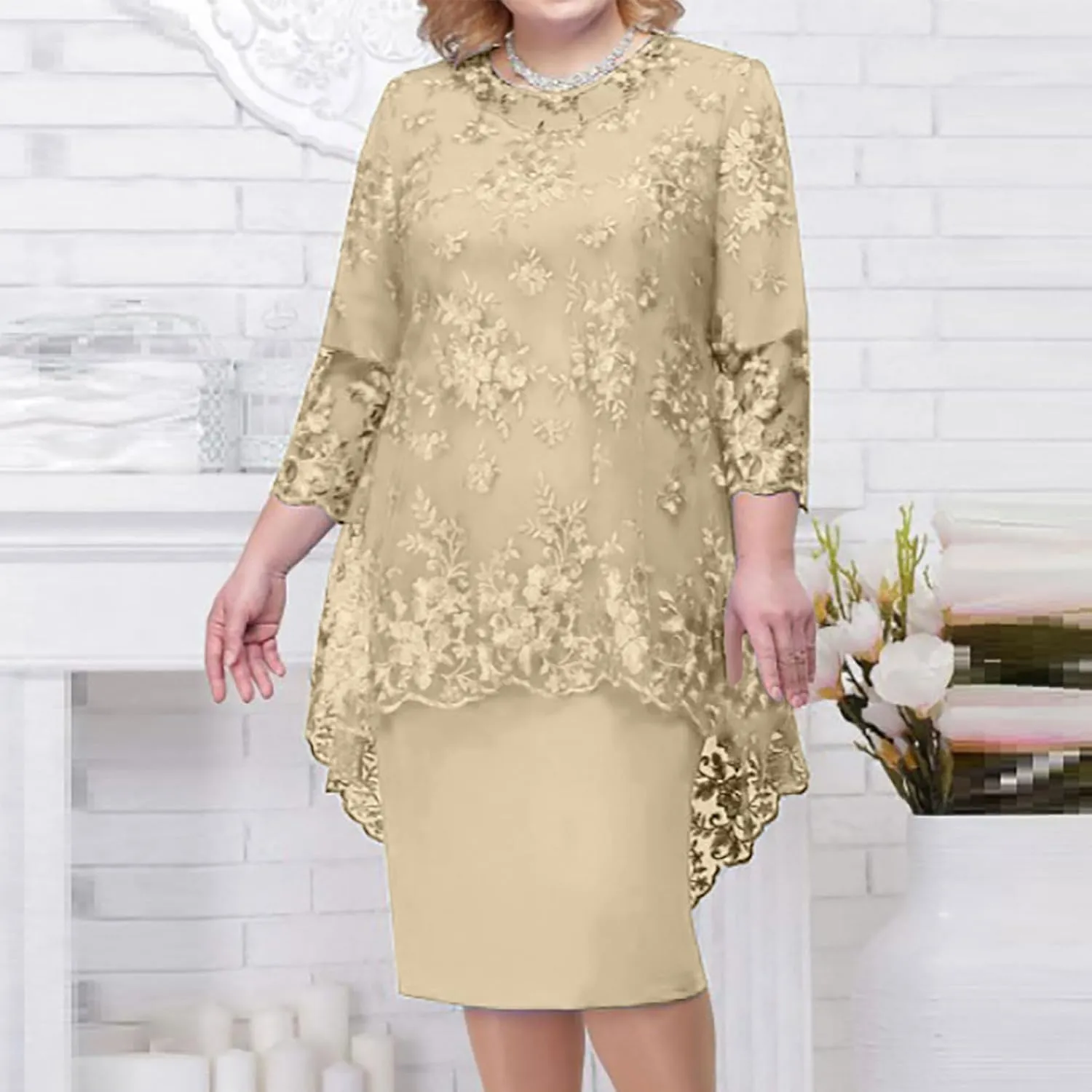 Plus Size Mother of The Bride Dress Floral Lace Mesh Wedding Guest Dresses 2PC 3/4 Sleeve High Low Top with Dress