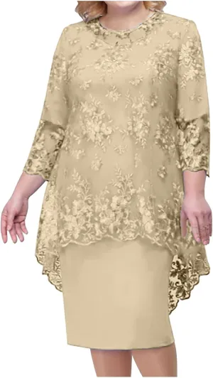 Plus Size Mother of The Bride Dress Floral Lace Mesh Wedding Guest Dresses 2PC 3/4 Sleeve High Low Top with Dress