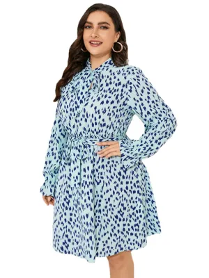 Plus Size Spotted Belt Design Tie-up Design Midi Dress
