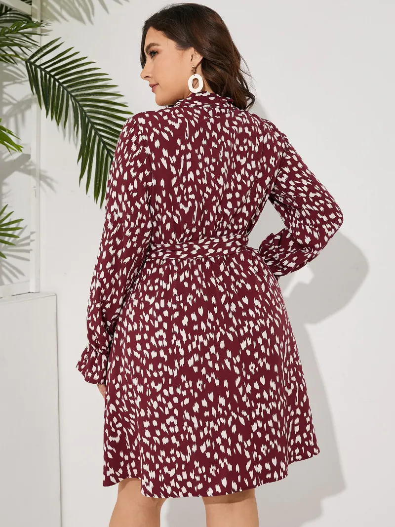 Plus Size Spotted Belt Design Tie-up Design Midi Dress
