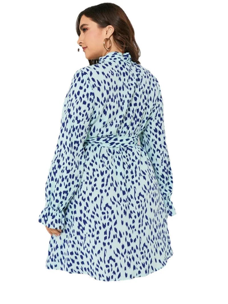 Plus Size Spotted Belt Design Tie-up Design Midi Dress