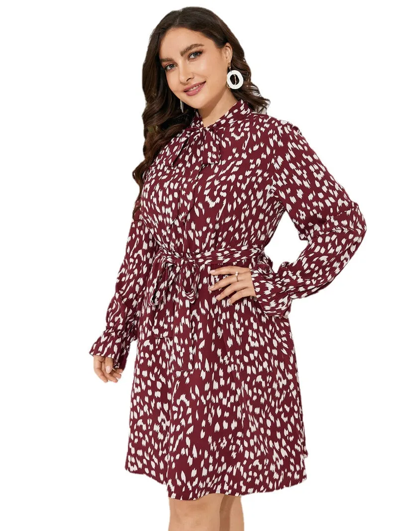 Plus Size Spotted Belt Design Tie-up Design Midi Dress