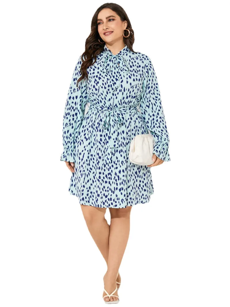 Plus Size Spotted Belt Design Tie-up Design Midi Dress