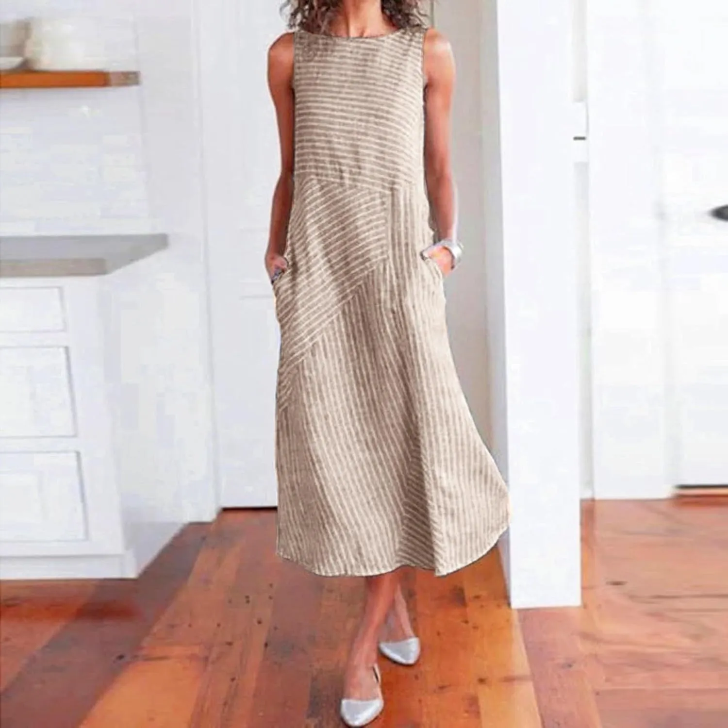 PTOLOCIF Linen Dress for Women, 2024 Summer Trendy Plain Maxi Dress Plus Size Cotton Linen Dress Crewneck Sleeveless Sundress
