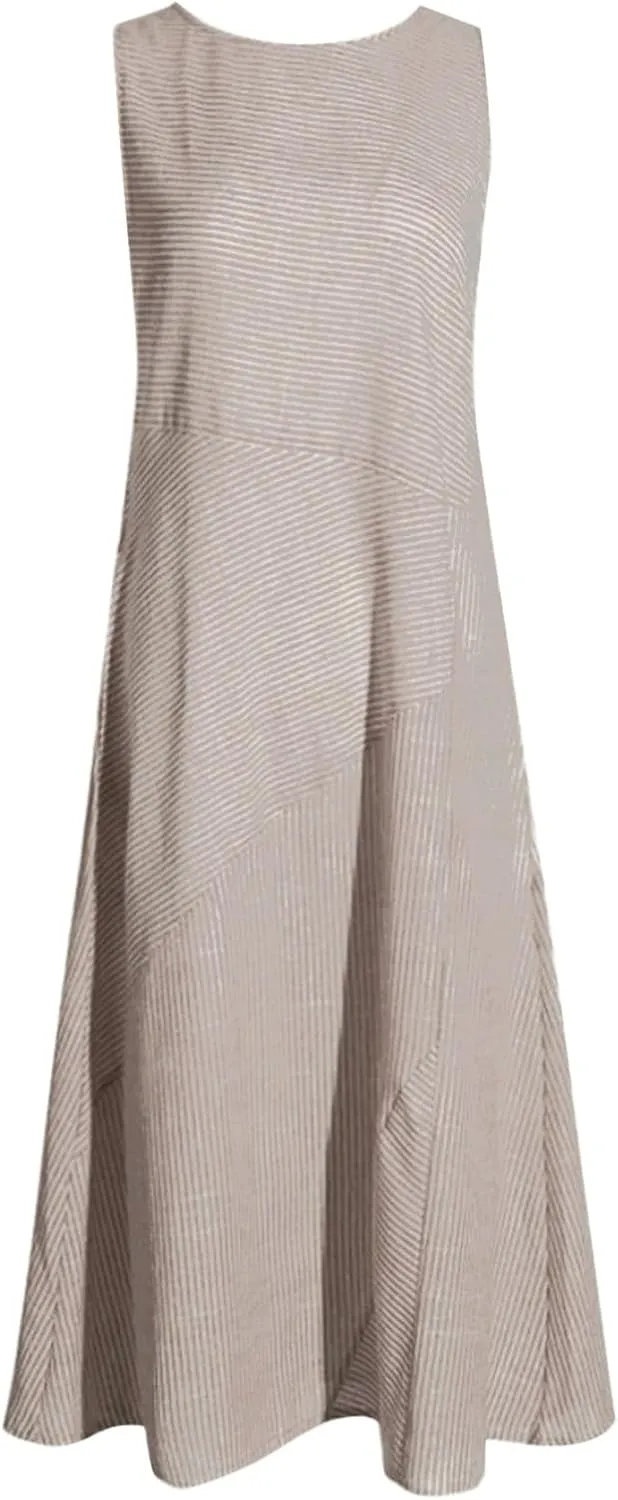 PTOLOCIF Linen Dress for Women, 2024 Summer Trendy Plain Maxi Dress Plus Size Cotton Linen Dress Crewneck Sleeveless Sundress