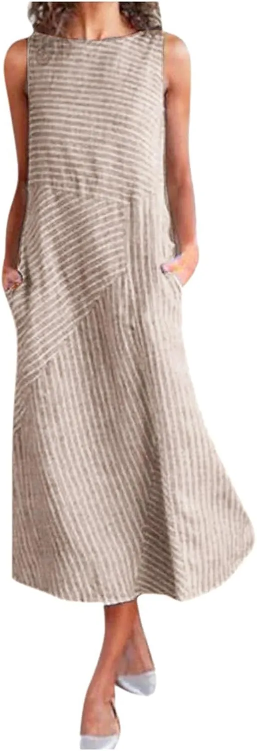 PTOLOCIF Linen Dress for Women, 2024 Summer Trendy Plain Maxi Dress Plus Size Cotton Linen Dress Crewneck Sleeveless Sundress