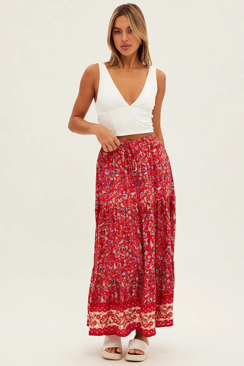 Red Boho Maxi Skirt High Rise