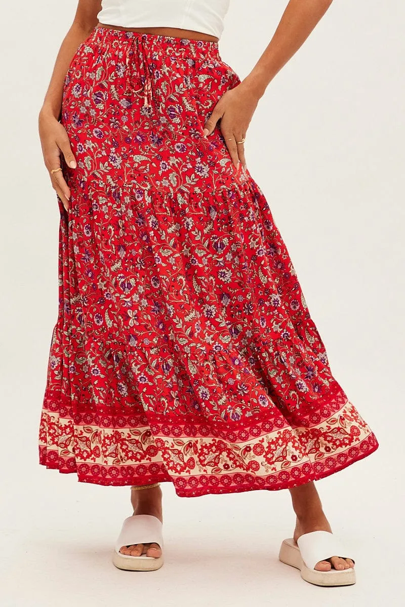 Red Boho Maxi Skirt High Rise