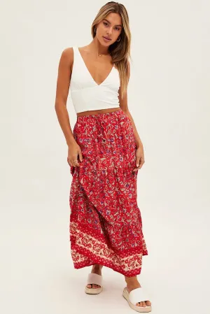 Red Boho Maxi Skirt High Rise