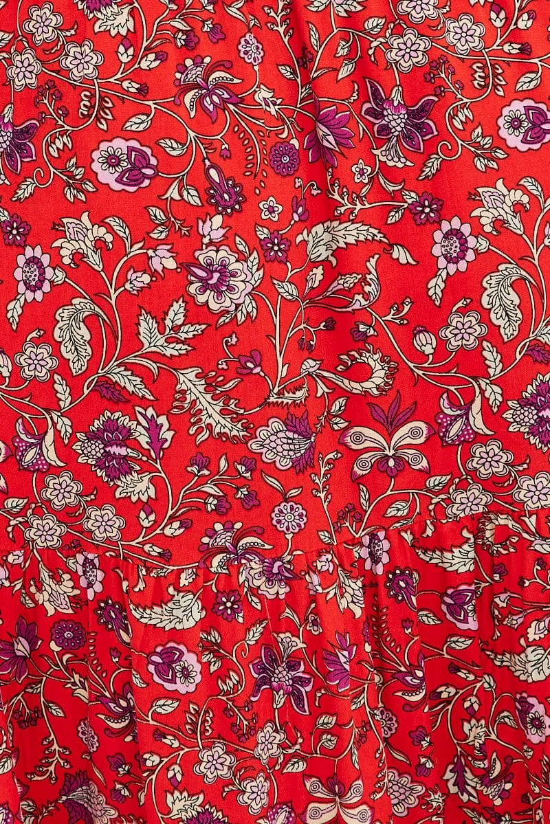 Red Boho Maxi Skirt High Rise