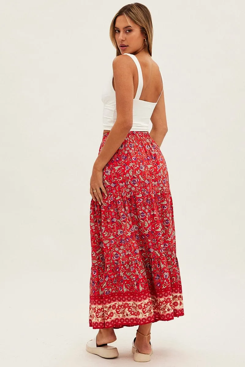Red Boho Maxi Skirt High Rise