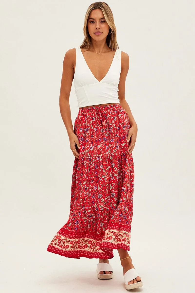 Red Boho Maxi Skirt High Rise