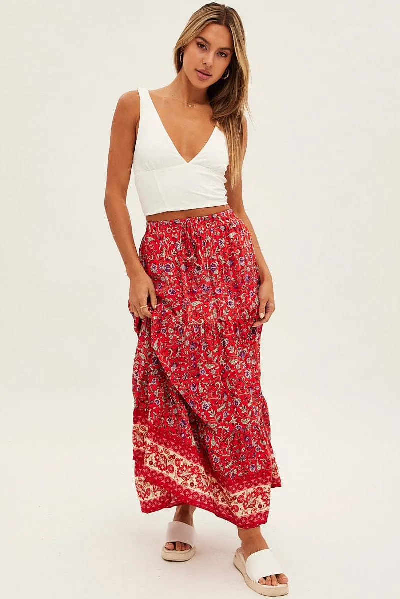 Red Boho Maxi Skirt High Rise