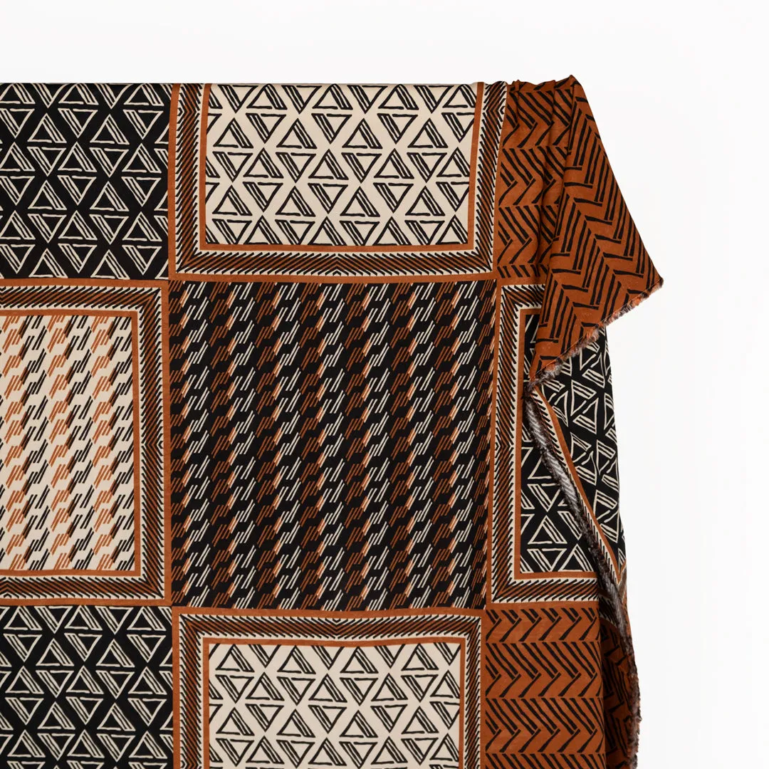 Remnant - 3.4m - Deadstock Woodblock Viscose Challis - Teak/Black/Cream