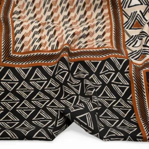 Remnant - 3.4m - Deadstock Woodblock Viscose Challis - Teak/Black/Cream