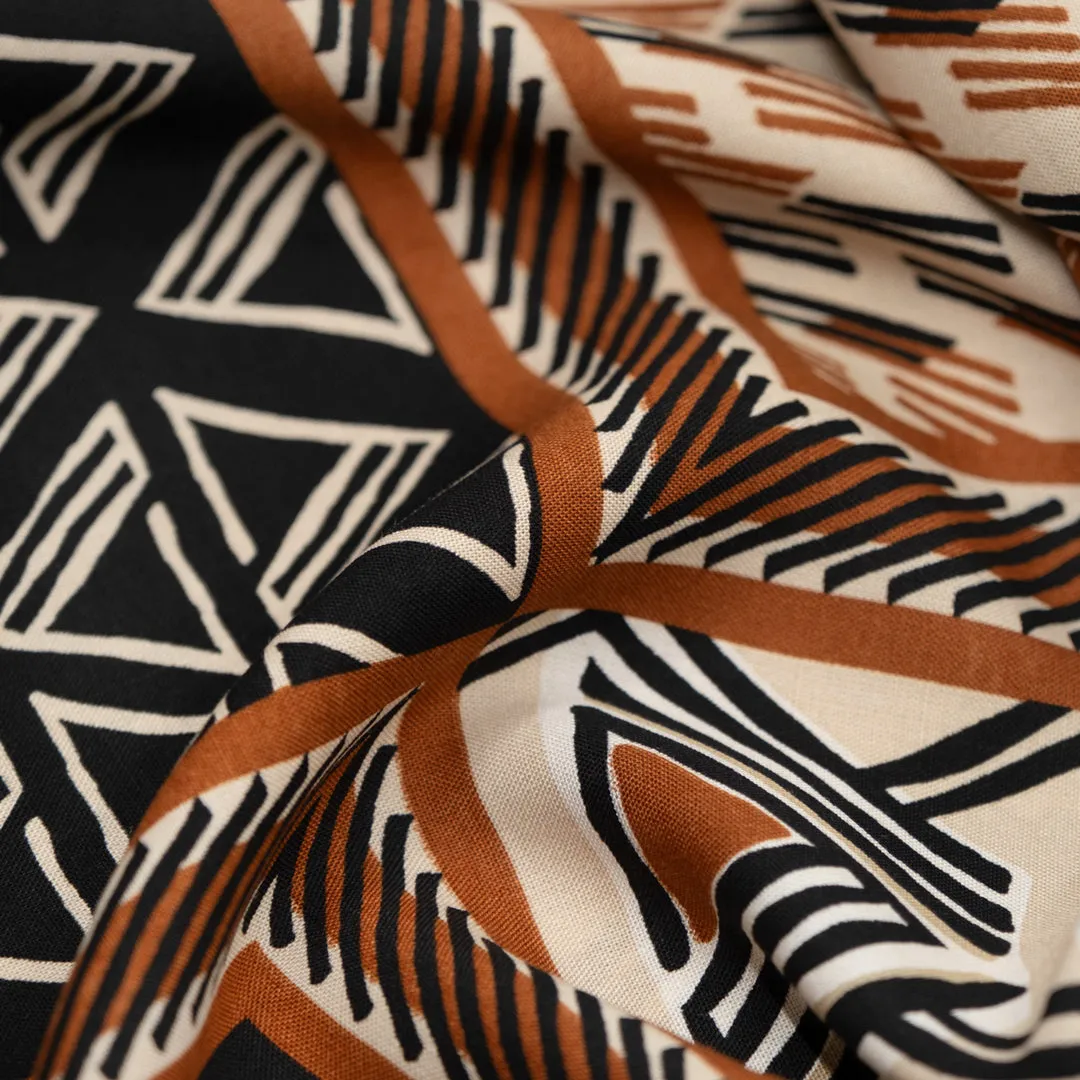 Remnant - 3.4m - Deadstock Woodblock Viscose Challis - Teak/Black/Cream