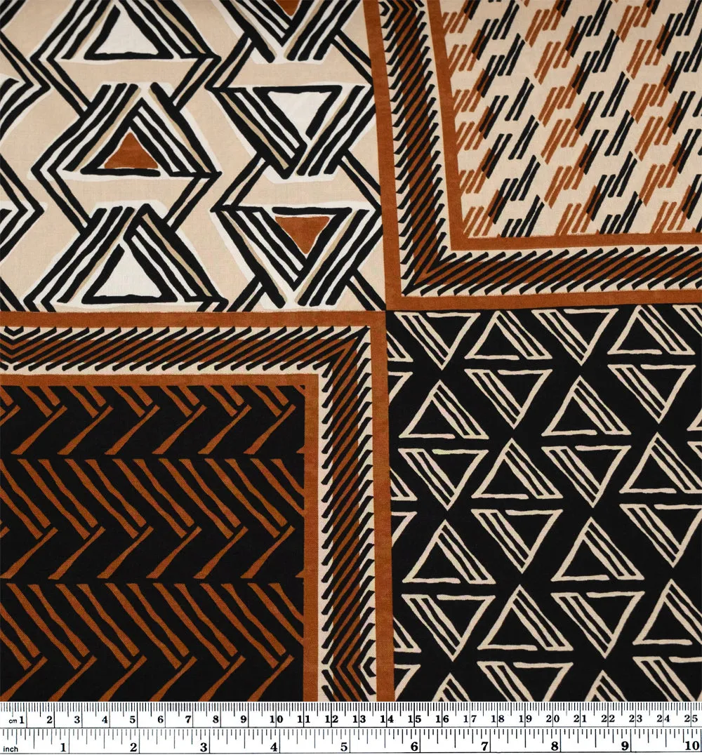 Remnant - 3.4m - Deadstock Woodblock Viscose Challis - Teak/Black/Cream